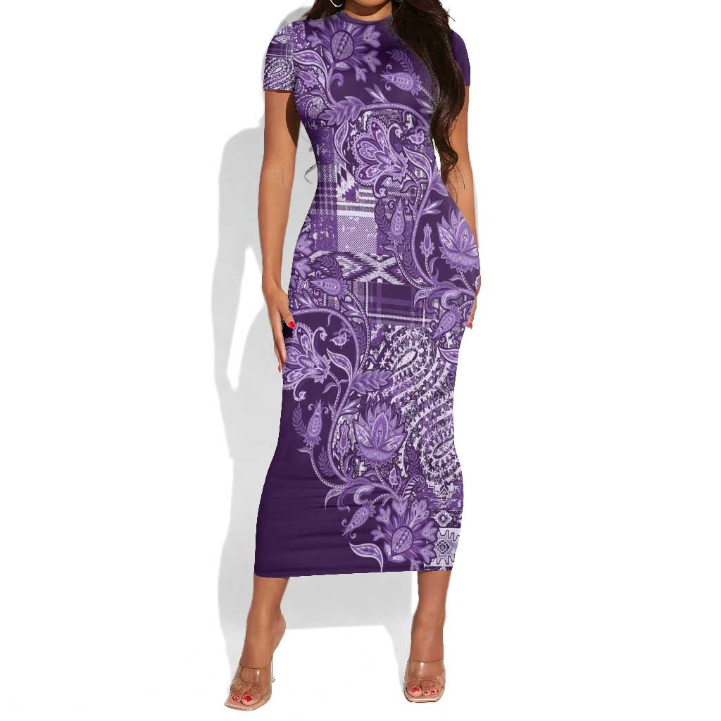 Afro Floral mix Maasai Shuka Short Sleeve Bodycon Dress Purple Moitf LT9