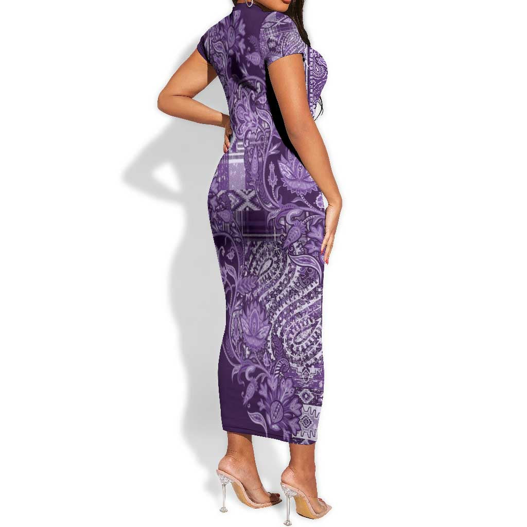 Afro Floral mix Maasai Shuka Short Sleeve Bodycon Dress Purple Moitf LT9