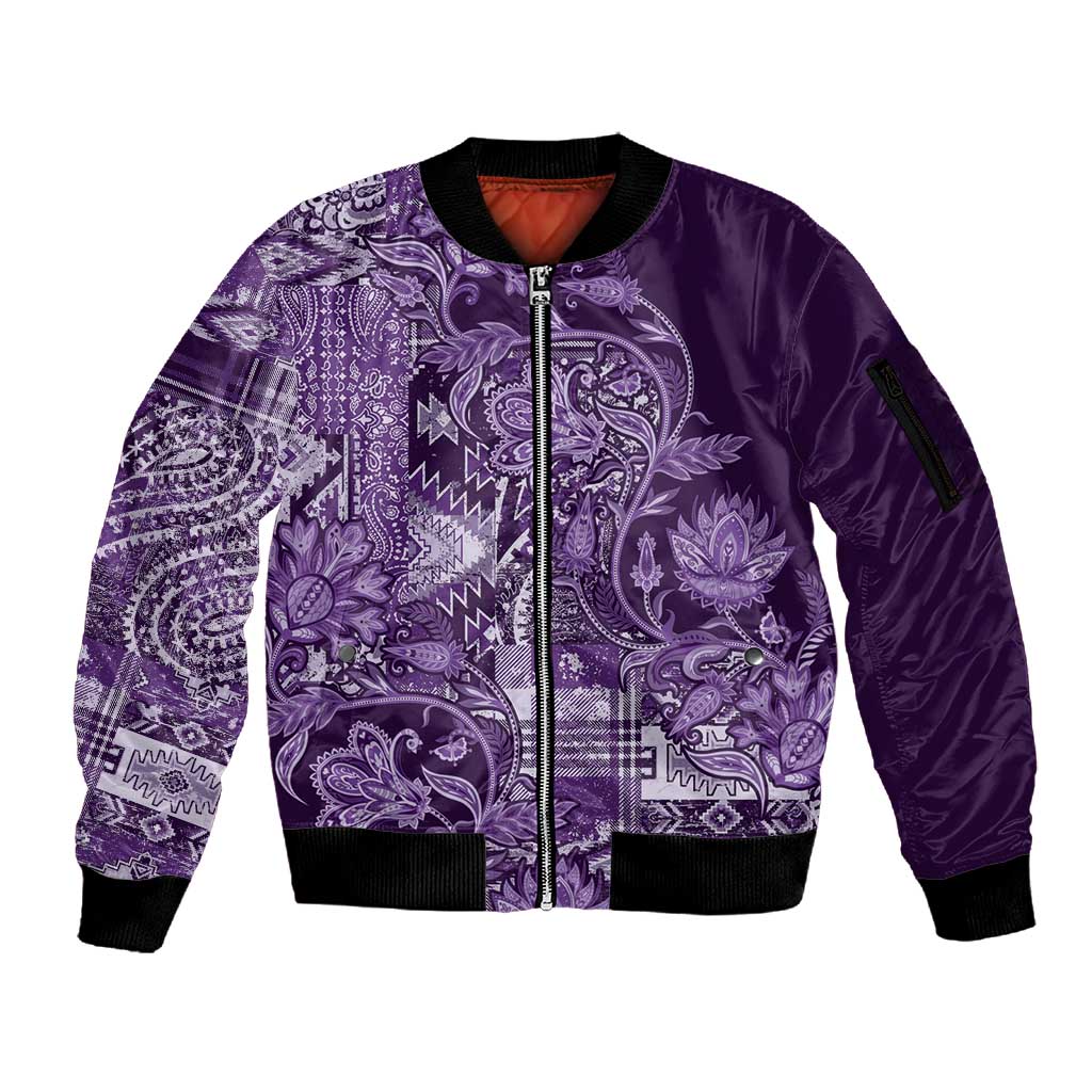 Afro Floral mix Maasai Shuka Sleeve Zip Bomber Jacket Purple Moitf