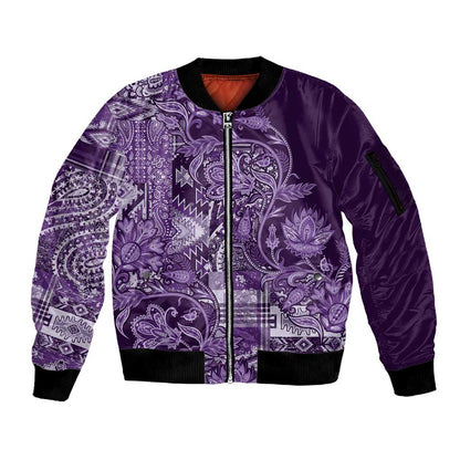 Afro Floral mix Maasai Shuka Sleeve Zip Bomber Jacket Purple Moitf