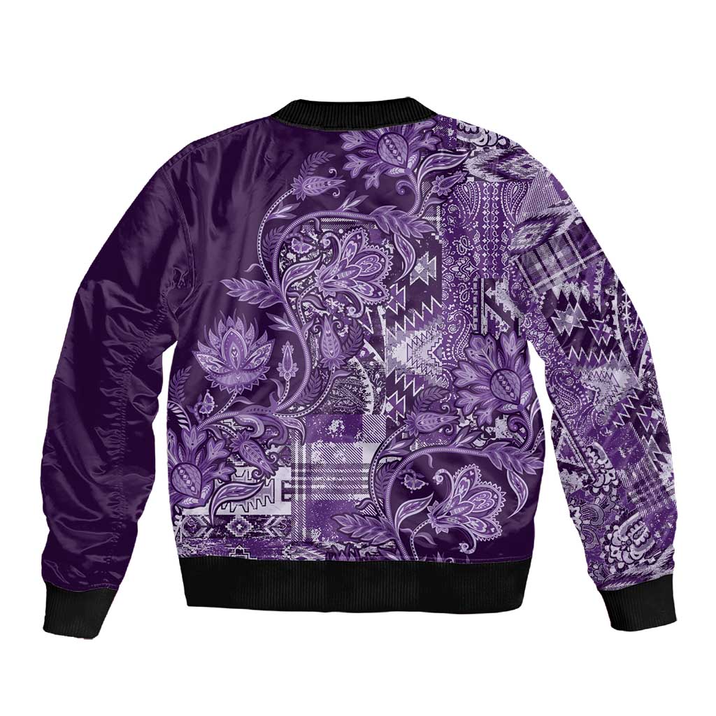 Afro Floral mix Maasai Shuka Sleeve Zip Bomber Jacket Purple Moitf