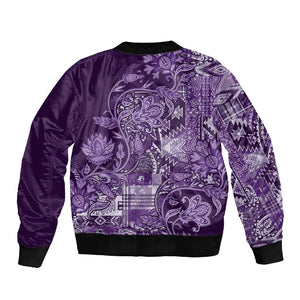 Afro Floral mix Maasai Shuka Sleeve Zip Bomber Jacket Purple Moitf