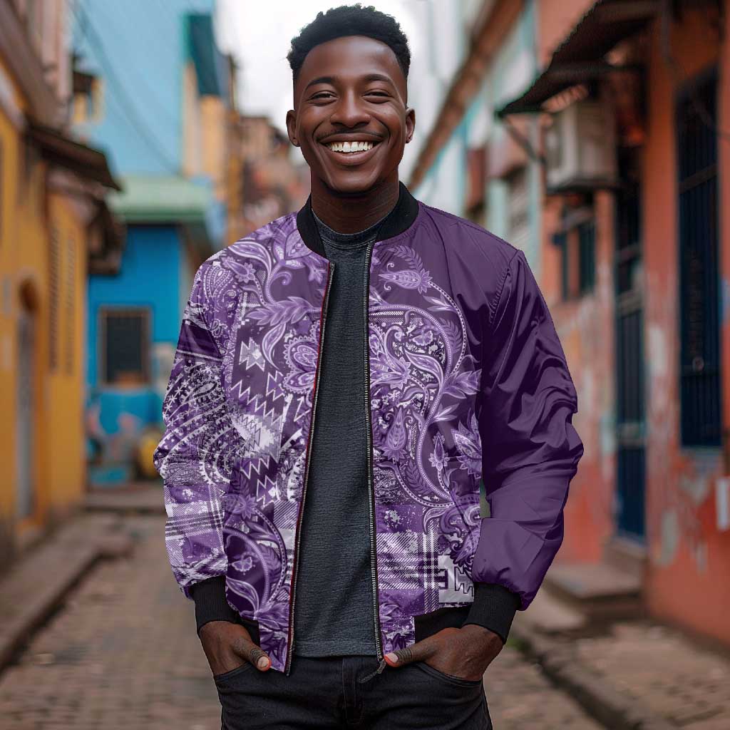 Afro Floral mix Maasai Shuka Sleeve Zip Bomber Jacket Purple Moitf