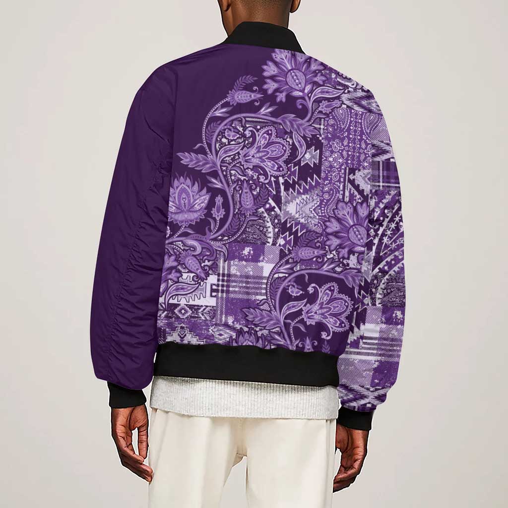 Afro Floral mix Maasai Shuka Sleeve Zip Bomber Jacket Purple Moitf