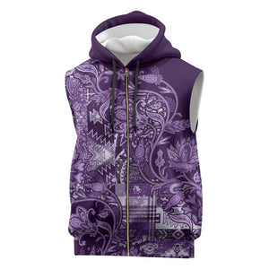 Afro Floral mix Maasai Shuka Sleeveless Zip Hoodie Purple Moitf - African Pride