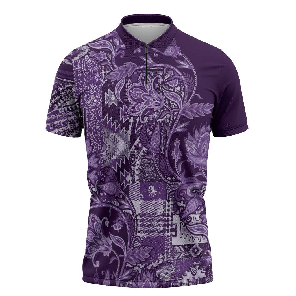 Africa Floral mix Maasai Shuka Zipper Polo Shirt Purple Moitf