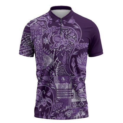 Africa Floral mix Maasai Shuka Zipper Polo Shirt Purple Moitf