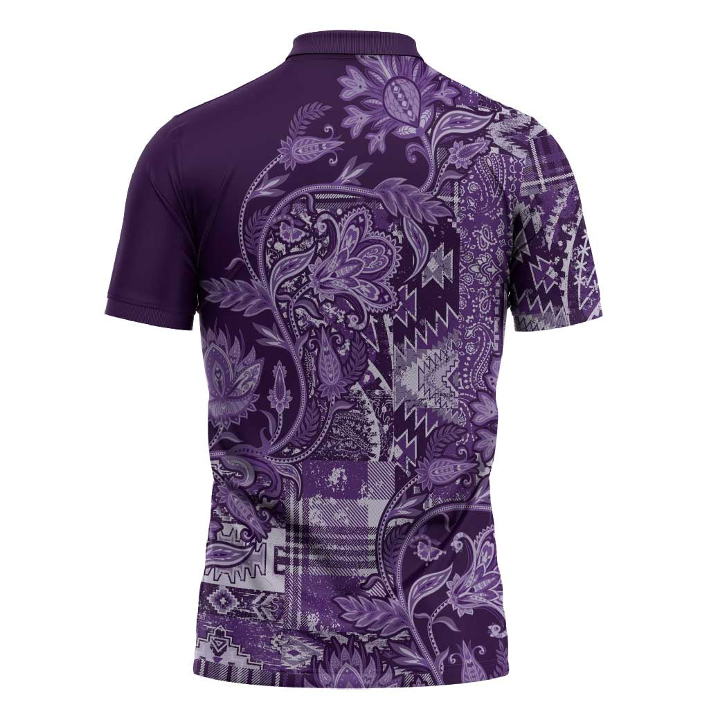 Africa Floral mix Maasai Shuka Zipper Polo Shirt Purple Moitf