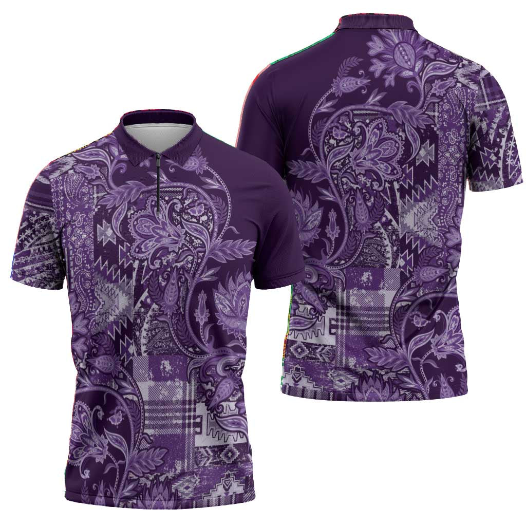 Africa Floral mix Maasai Shuka Zipper Polo Shirt Purple Moitf