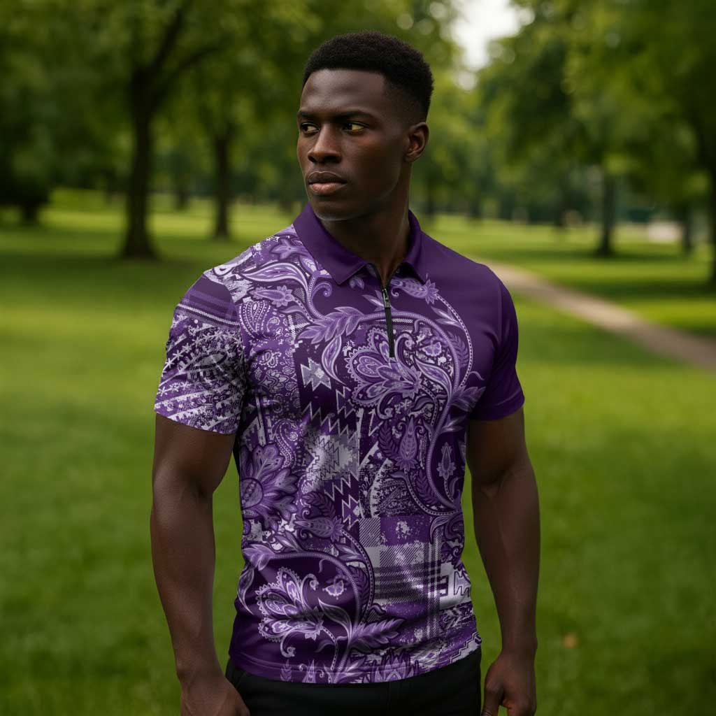 Africa Floral mix Maasai Shuka Zipper Polo Shirt Purple Moitf