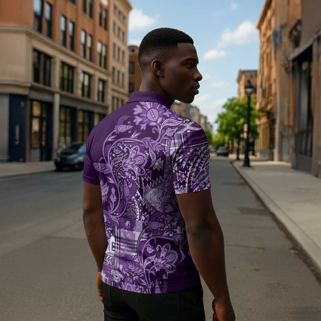 Africa Floral mix Maasai Shuka Zipper Polo Shirt Purple Moitf