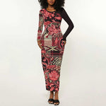 Afro Floral mix Maasai Shuka Long Sleeve Bodycon Dress Red Moitf LT9