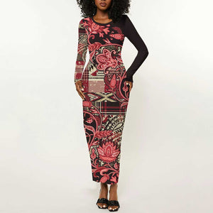 Afro Floral mix Maasai Shuka Long Sleeve Bodycon Dress Red Moitf LT9