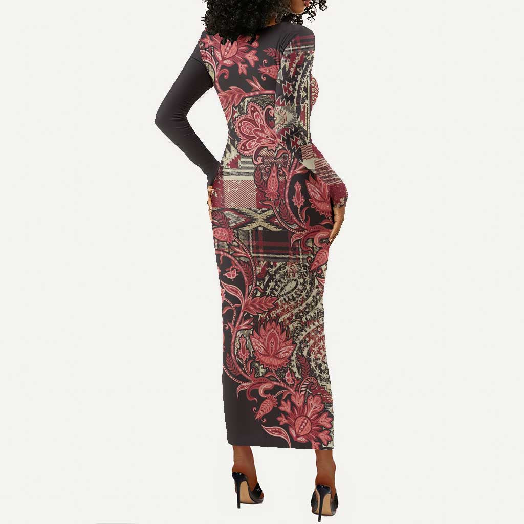 Afro Floral mix Maasai Shuka Long Sleeve Bodycon Dress Red Moitf LT9