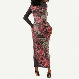 Afro Floral mix Maasai Shuka Long Sleeve Bodycon Dress Red Moitf LT9