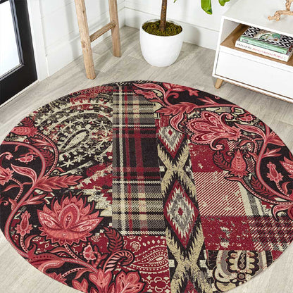 Afro Floral mix Maasai Shuka Round Carpet Red Moitf