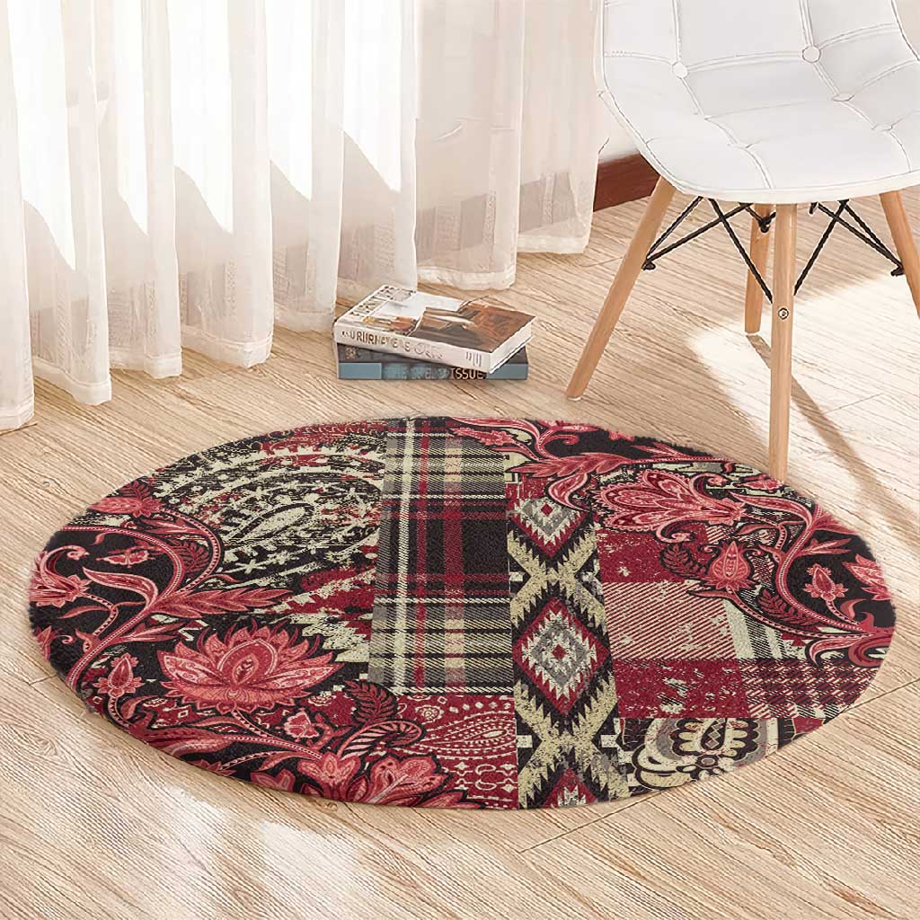 Afro Floral mix Maasai Shuka Round Carpet Red Moitf