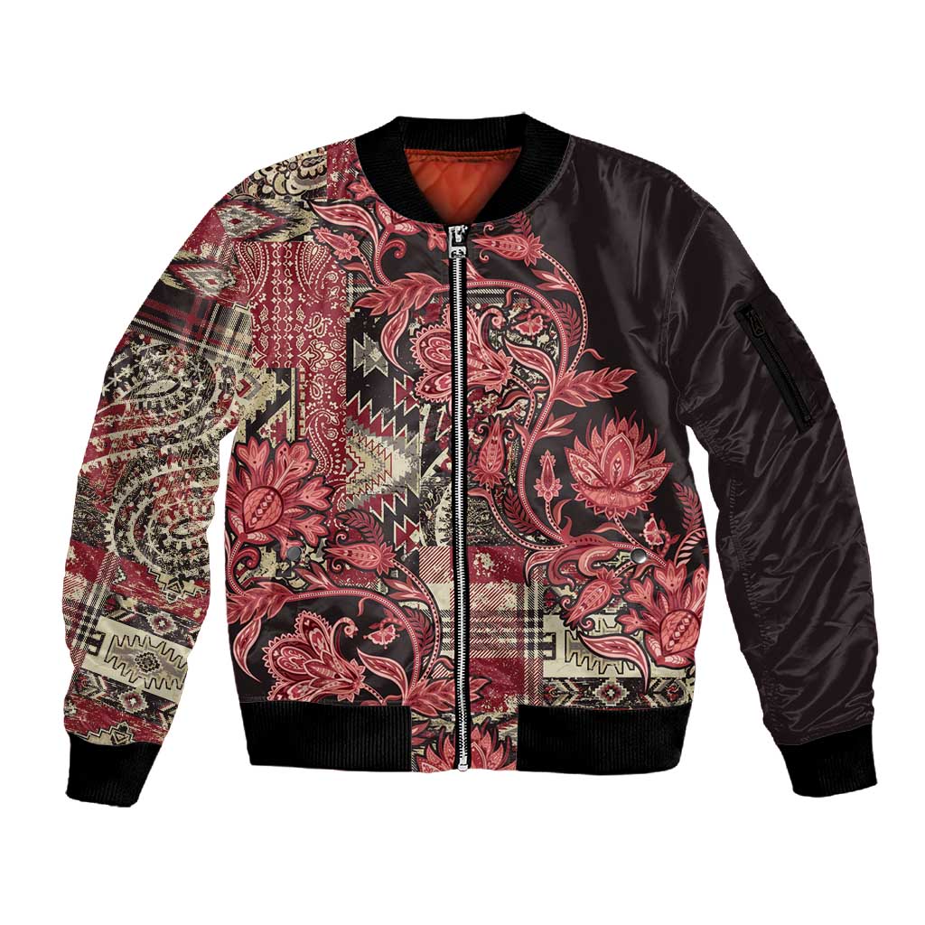 Afro Floral mix Maasai Shuka Sleeve Zip Bomber Jacket Red Moitf