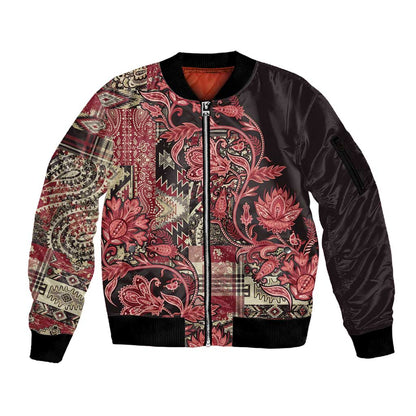 Afro Floral mix Maasai Shuka Sleeve Zip Bomber Jacket Red Moitf