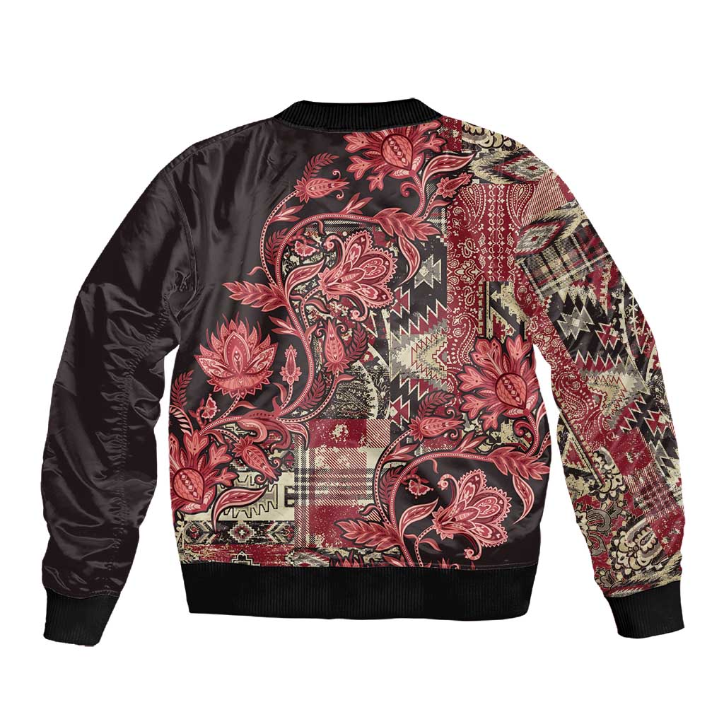 Afro Floral mix Maasai Shuka Sleeve Zip Bomber Jacket Red Moitf