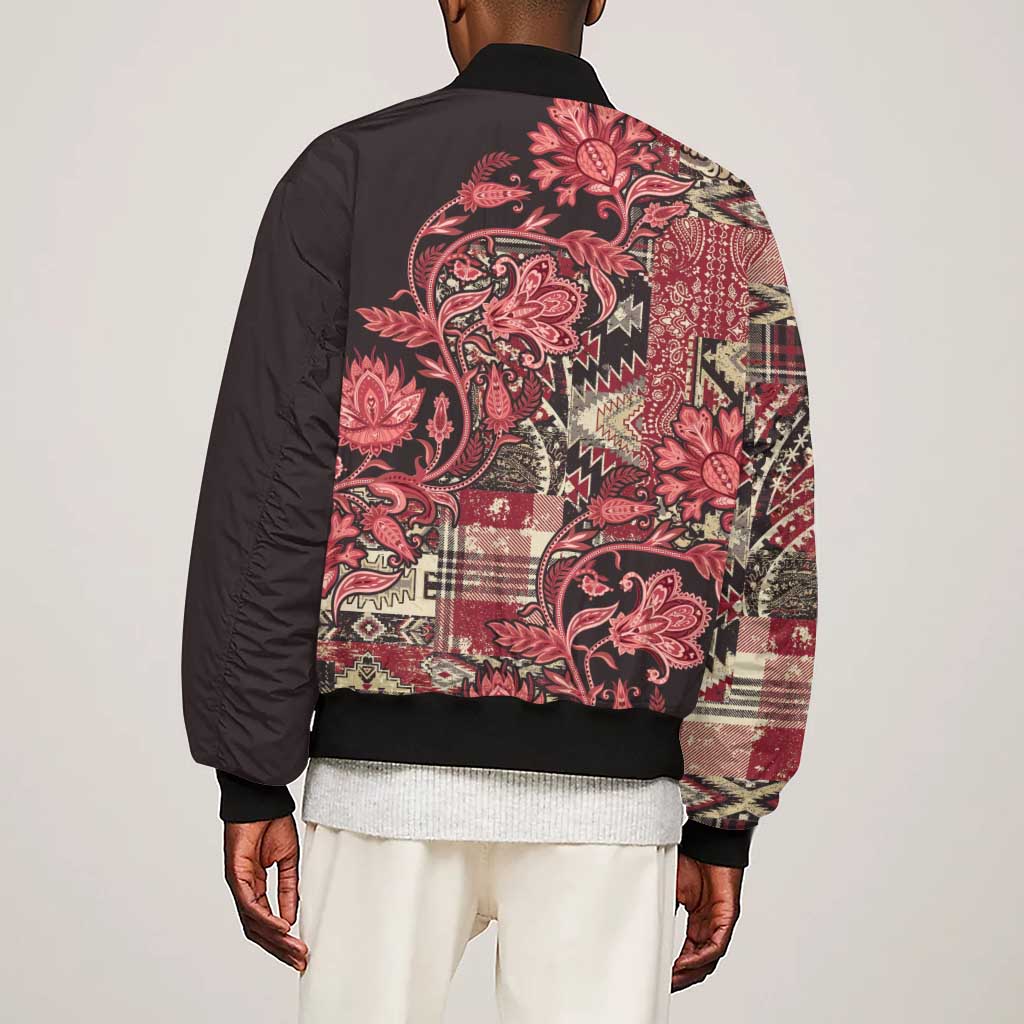 Afro Floral mix Maasai Shuka Sleeve Zip Bomber Jacket Red Moitf
