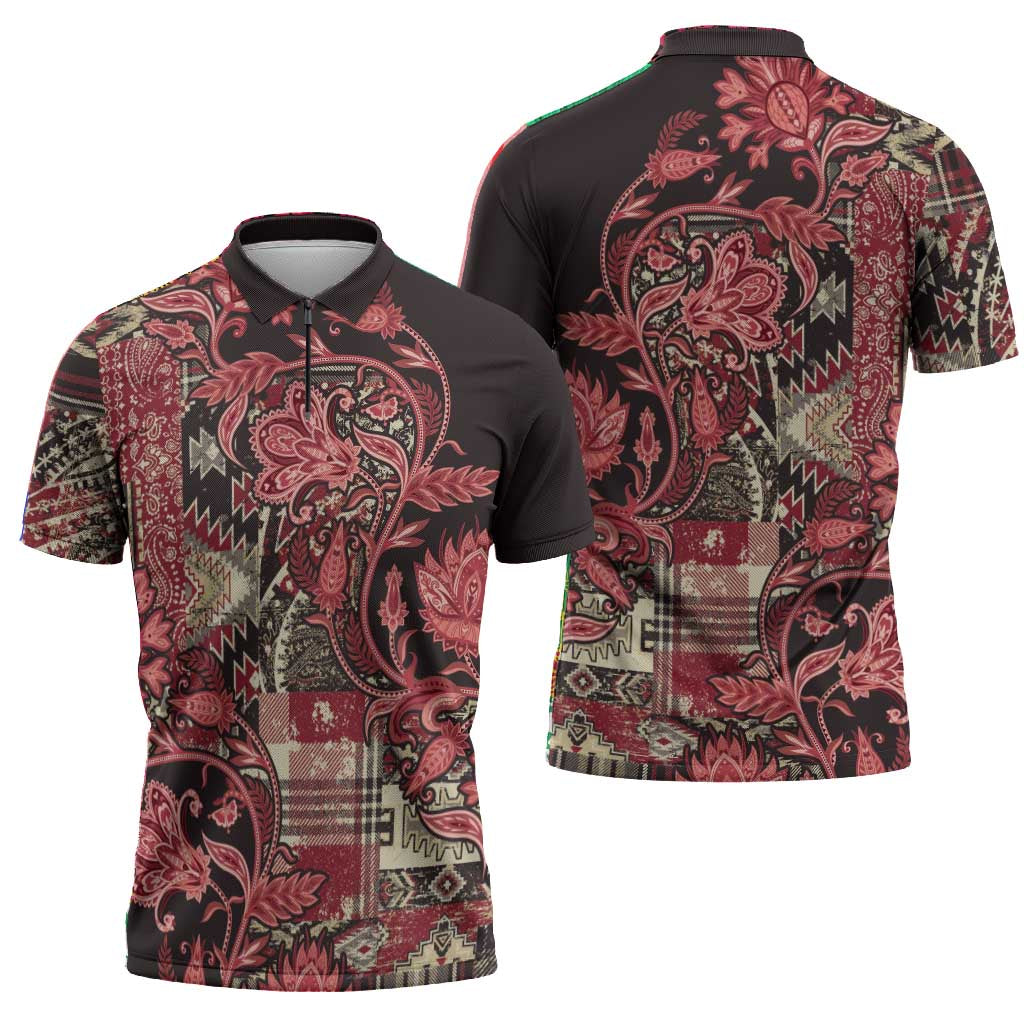 Africa Floral mix Maasai Shuka Zipper Polo Shirt Red Moitf