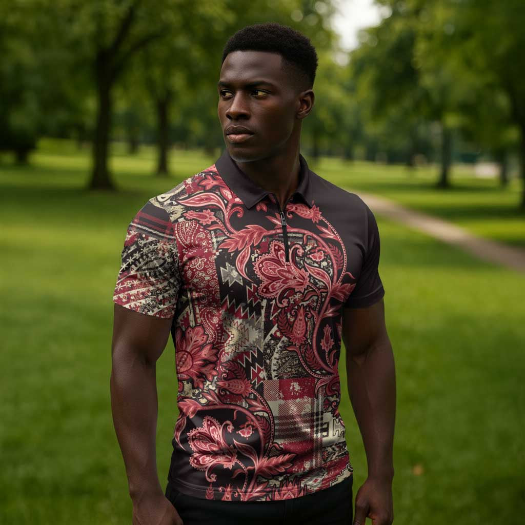 Africa Floral mix Maasai Shuka Zipper Polo Shirt Red Moitf