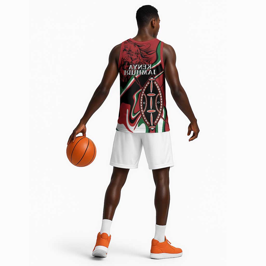 Happy Jamhuri Day Kenya Basketball Jersey Kenyan Lion and Maasai Shield - African Pride