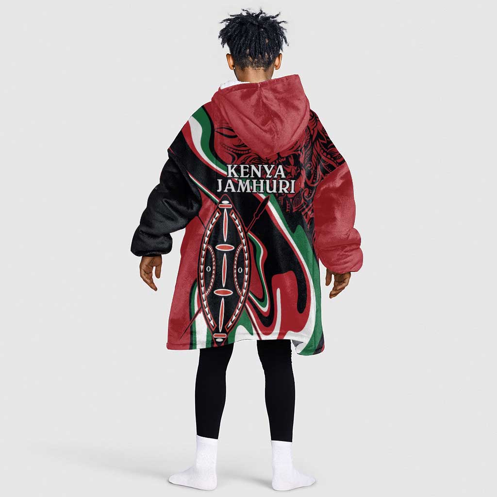 Happy Jamhuri Day Kenya Kid Wearable Blanket Hoodie Kenyan Lion and Maasai Shield