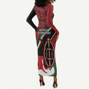 Happy Jamhuri Day Kenya Long Sleeve Bodycon Dress Kenyan Lion and Maasai Shield LT9