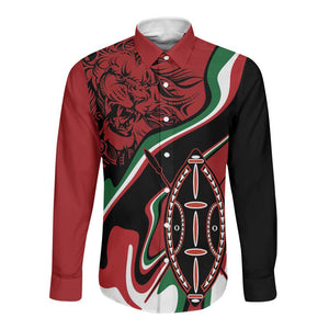 Happy Jamhuri Day Kenya Long Sleeve Button Shirt Kenyan Lion and Maasai Shield