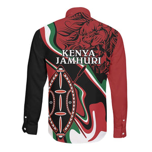 Happy Jamhuri Day Kenya Long Sleeve Button Shirt Kenyan Lion and Maasai Shield