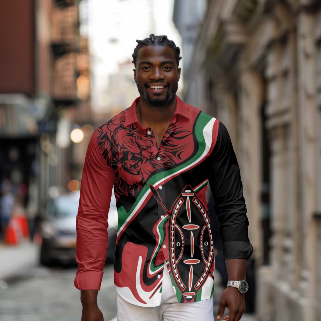 Happy Jamhuri Day Kenya Long Sleeve Button Shirt Kenyan Lion and Maasai Shield