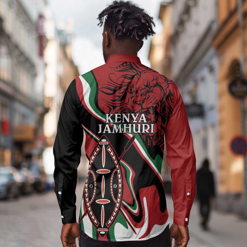 Happy Jamhuri Day Kenya Long Sleeve Button Shirt Kenyan Lion and Maasai Shield