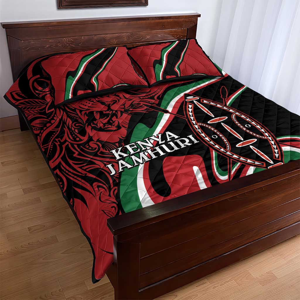 Happy Jamhuri Day Kenya Quilt Bed Set Kenyan Lion and Maasai Shield