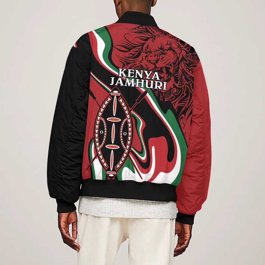 Happy Jamhuri Day Kenya Sleeve Zip Bomber Jacket Kenyan Lion and Maasai Shield