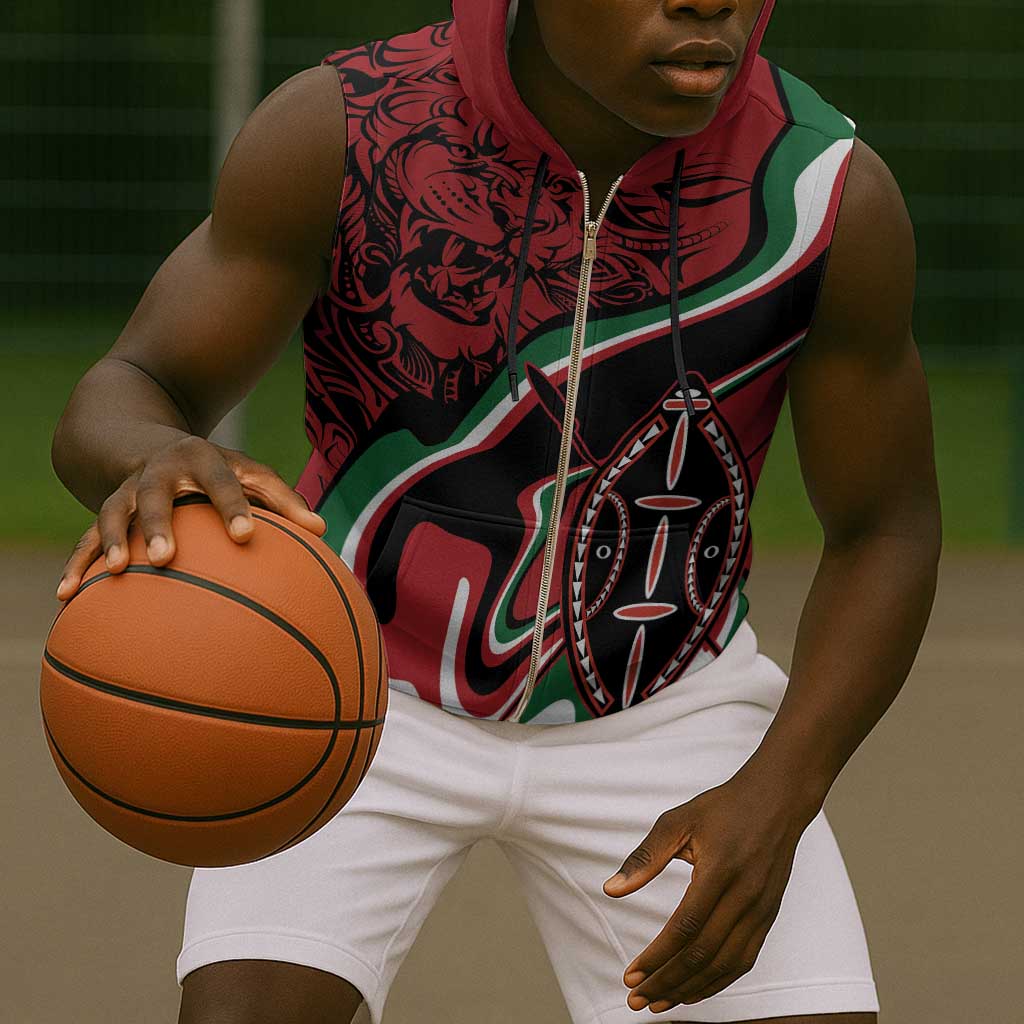 Happy Jamhuri Day Kenya Sleeveless Zip Hoodie Kenyan Lion and Maasai Shield - African Pride