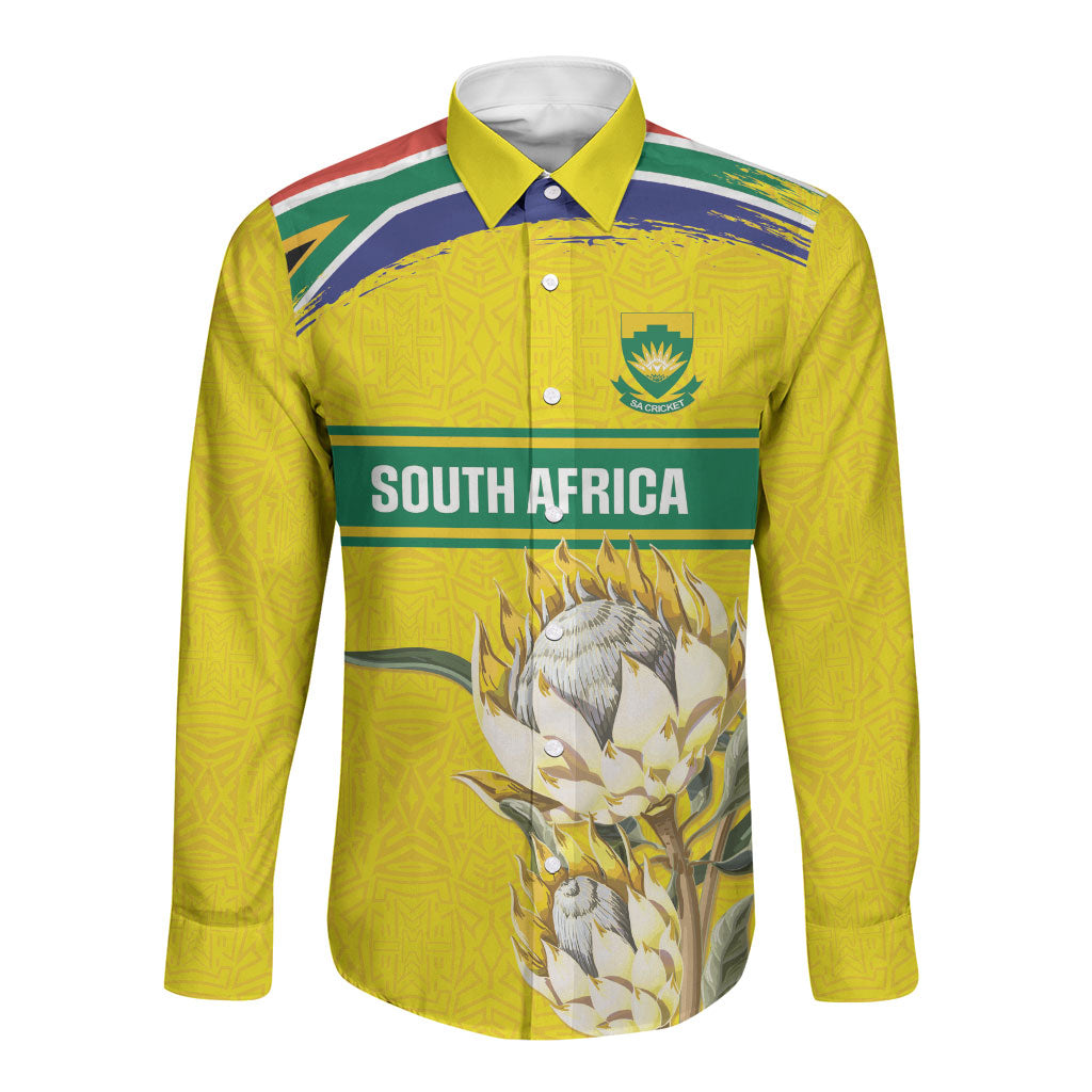 World Cricket Custom South Africa Long Sleeve Button Shirt Protea Flower Come On Proteas!