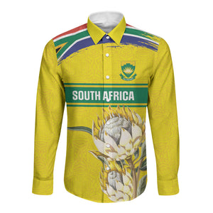 World Cricket Custom South Africa Long Sleeve Button Shirt Protea Flower Come On Proteas!