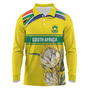 World Cricket Custom South Africa Long Sleeve Polo Shirt Protea Flower Come On Proteas!