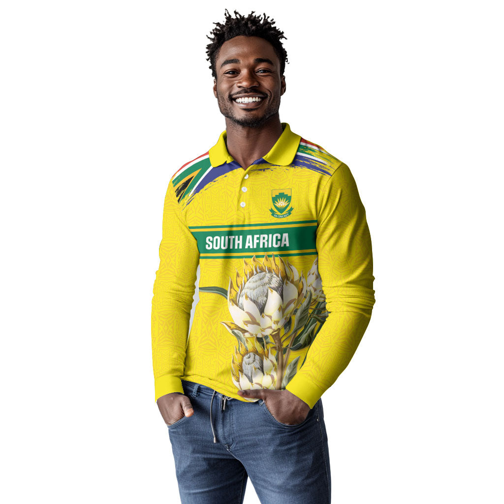 World Cricket Custom South Africa Long Sleeve Polo Shirt Protea Flower Come On Proteas!