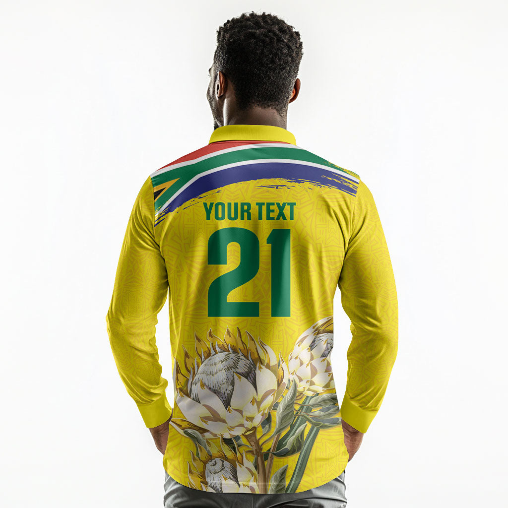 World Cricket Custom South Africa Long Sleeve Polo Shirt Protea Flower Come On Proteas!