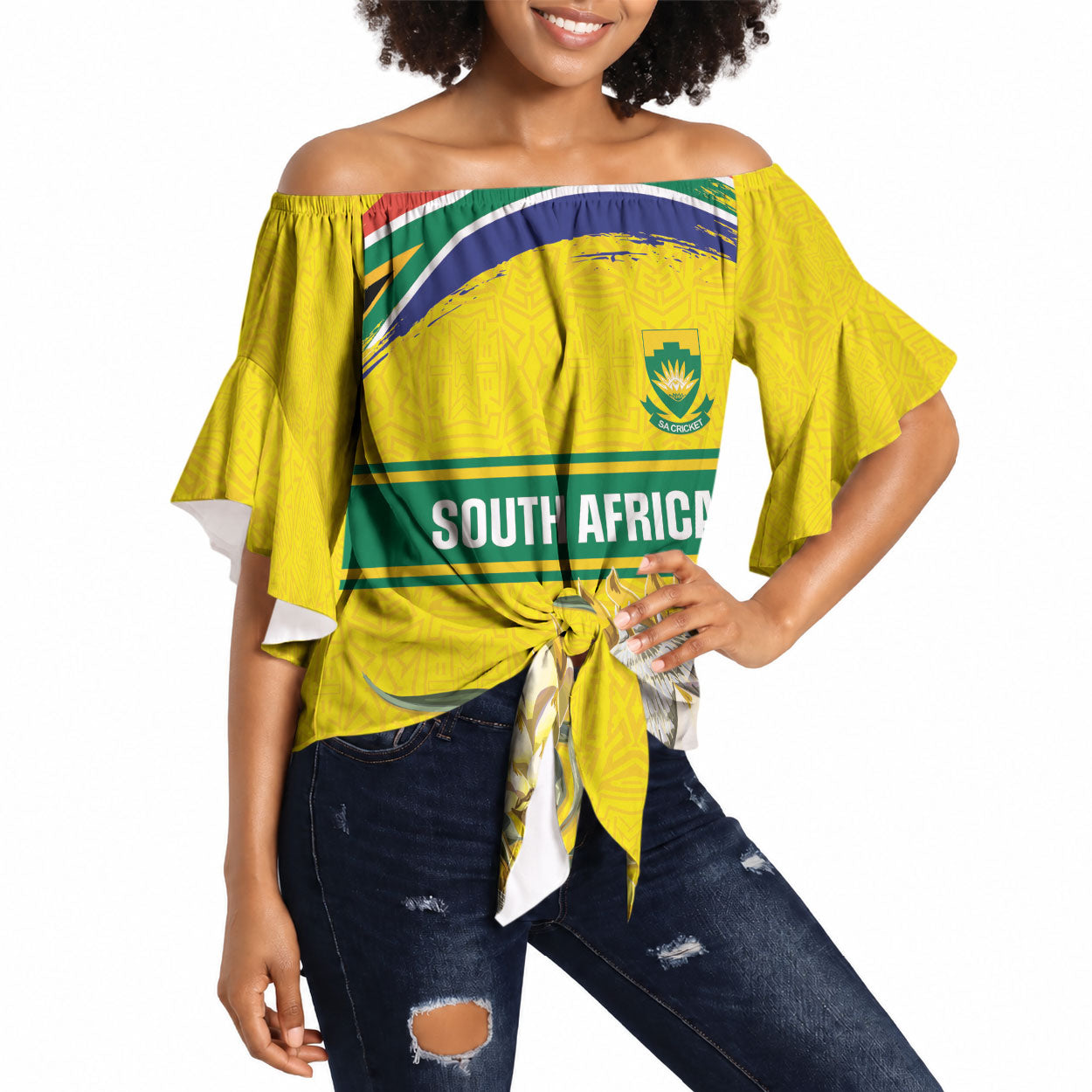 World Cricket Custom South Africa Off Shoulder Wrap Waist Top Protea Flower Come On Proteas!