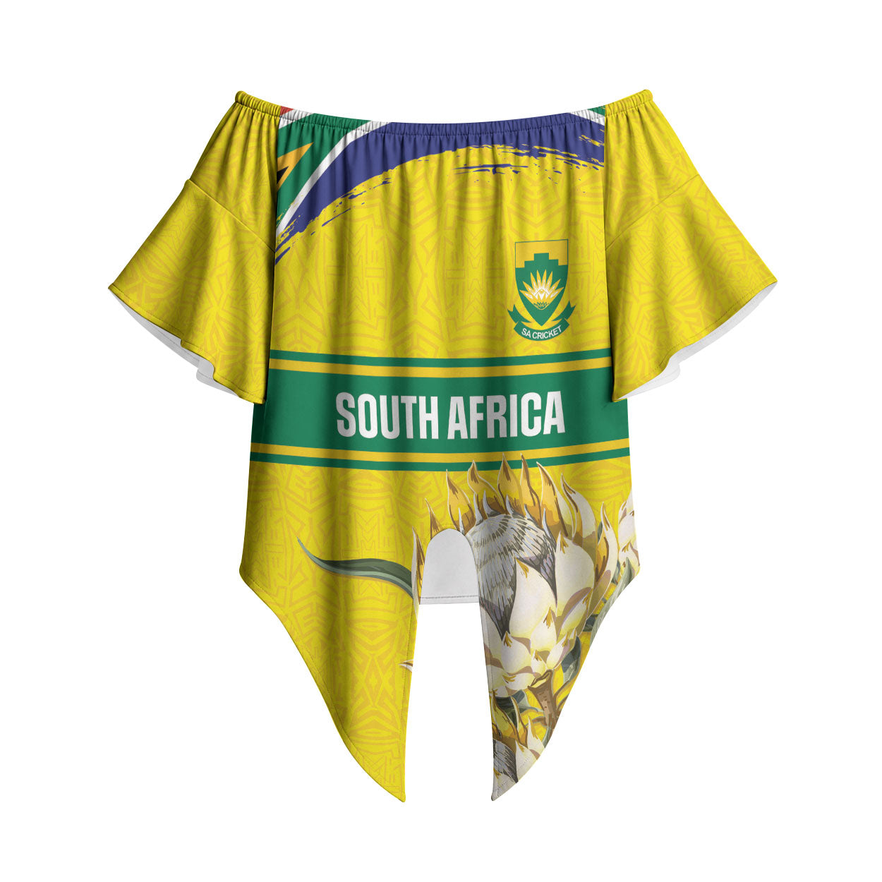 World Cricket Custom South Africa Off Shoulder Wrap Waist Top Protea Flower Come On Proteas!