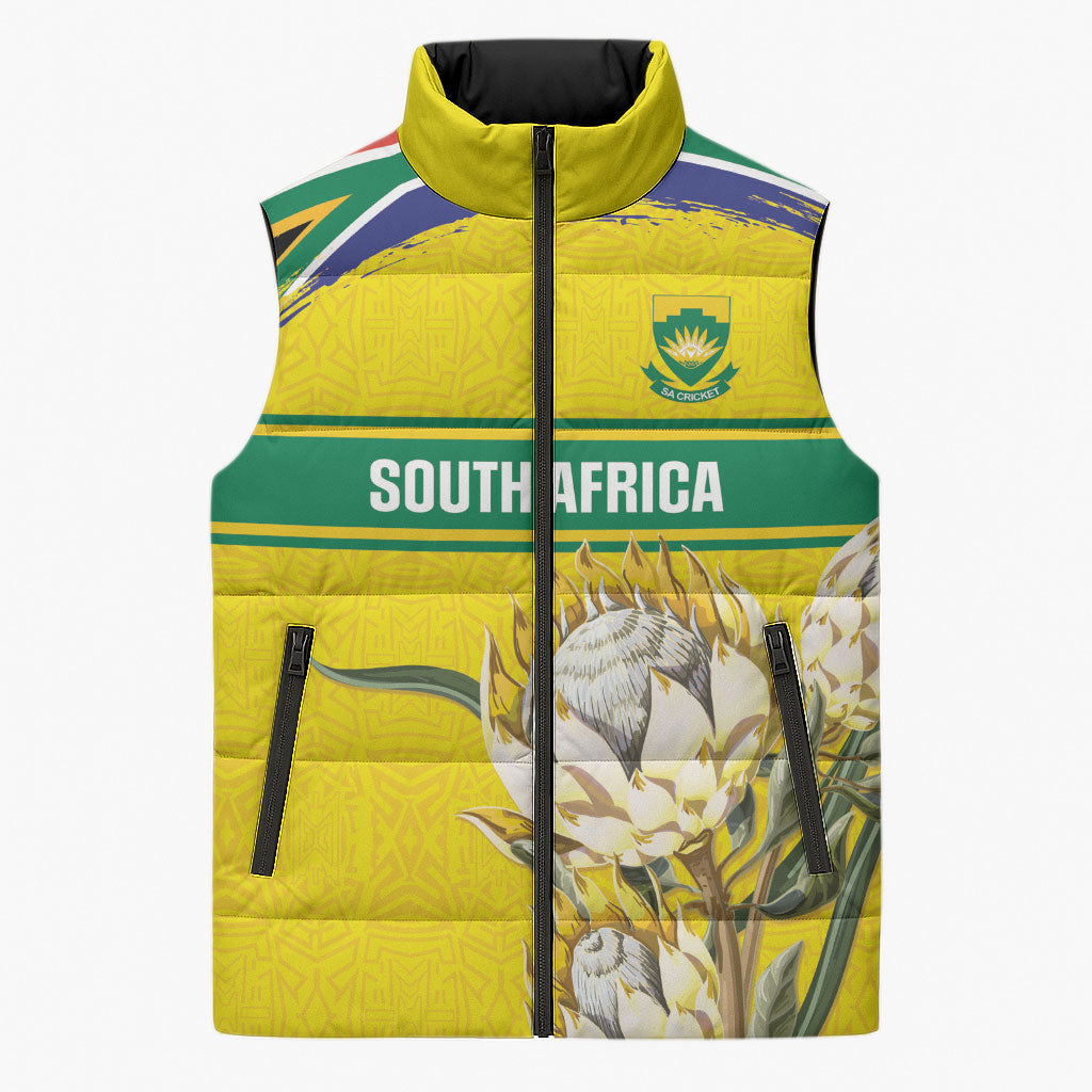 World Cricket Custom South Africa Sleeveless Puffer Jacket Protea Flower Come On Proteas!