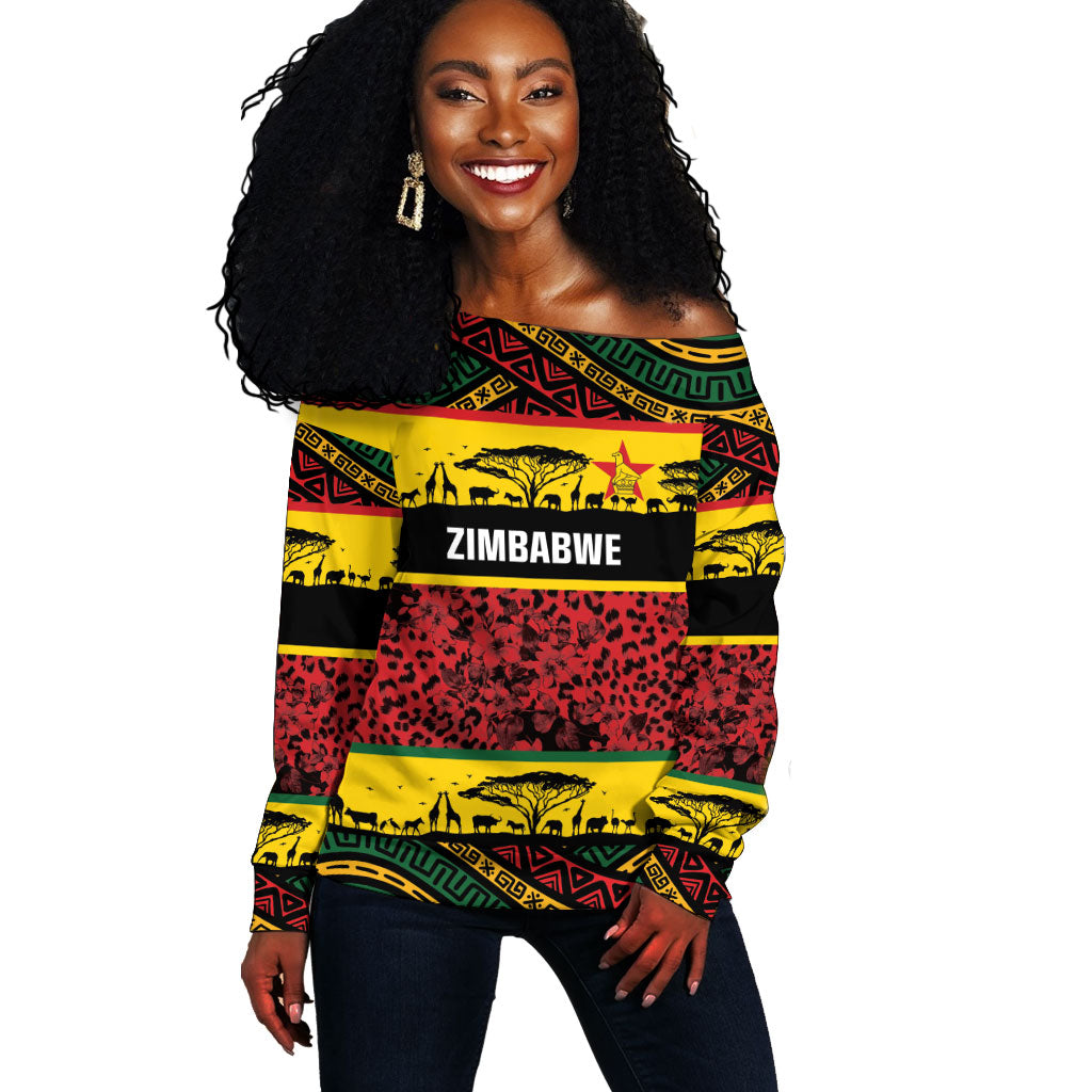 World Cricket Custom Zimbabwe Off Shoulder Sweater Zimbabwe Bird Go Chevrons!