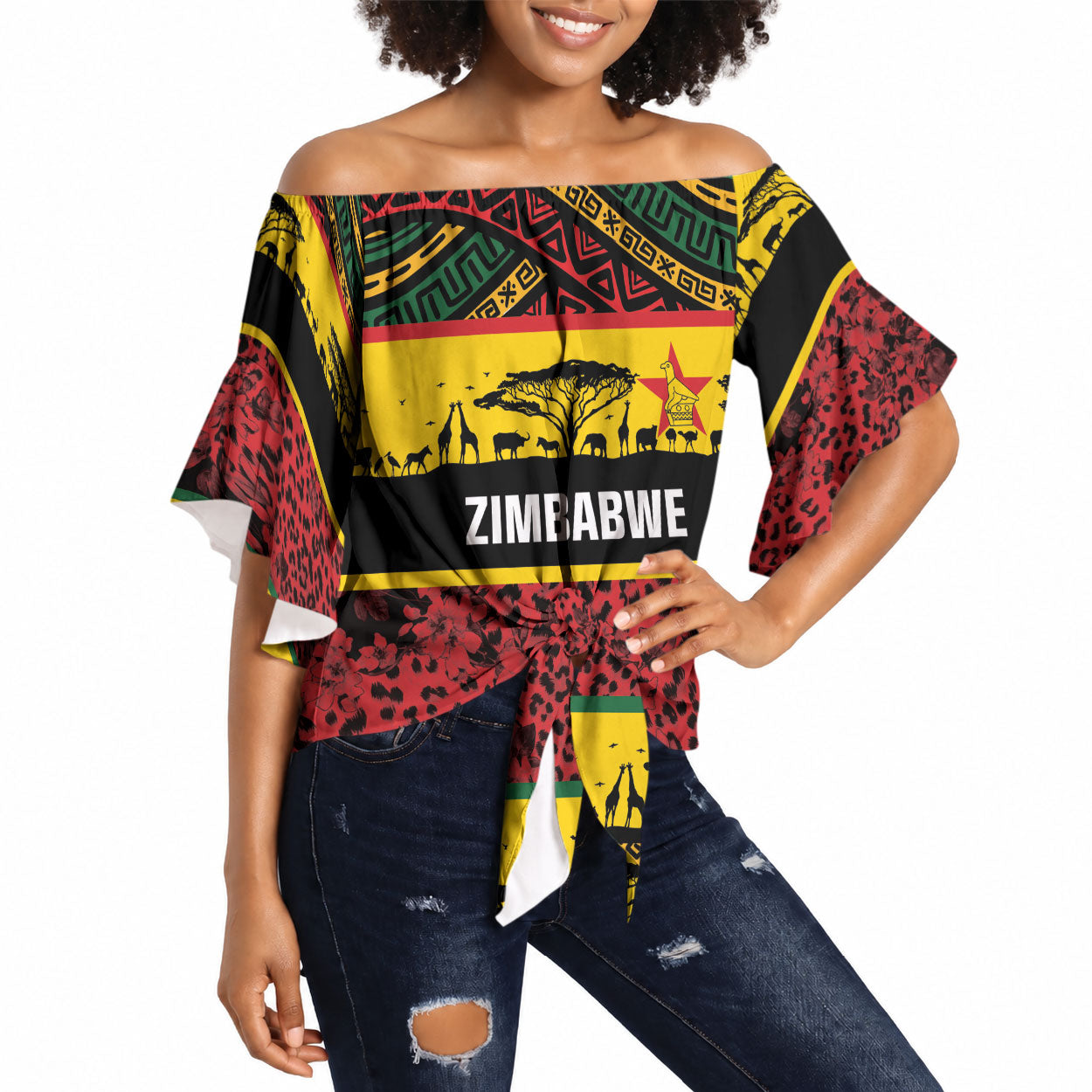 World Cricket Custom Zimbabwe Off Shoulder Wrap Waist Top Zimbabwe Bird Go Chevrons!