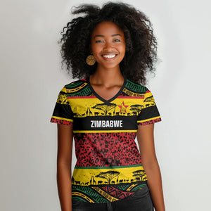 World Cricket Custom Zimbabwe Women V-Neck T-Shirt Zimbabwe Bird Go Chevrons!