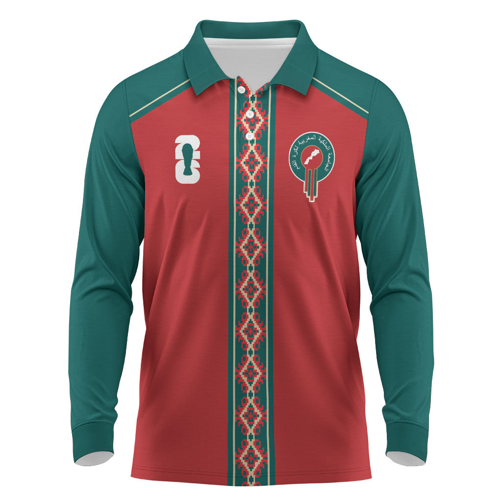 Custom Morocco Heritage Zellige Pattern Long Sleeve Polo Shirt Atlas Lions World Football Supporter Edition
