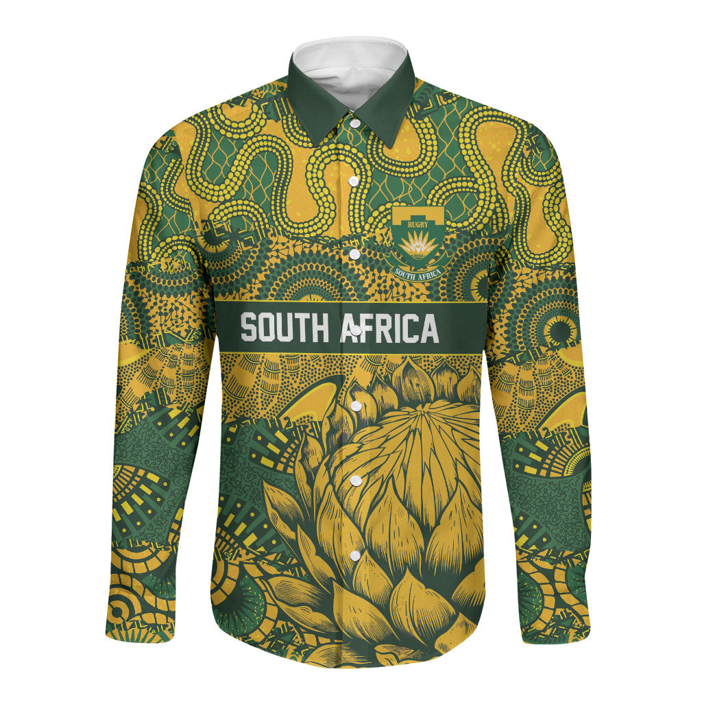 2026 Autumn Rugby Nations South Africa Custom Long Sleeve Button Shirt Indigenous Tribal Patchwork Motif
